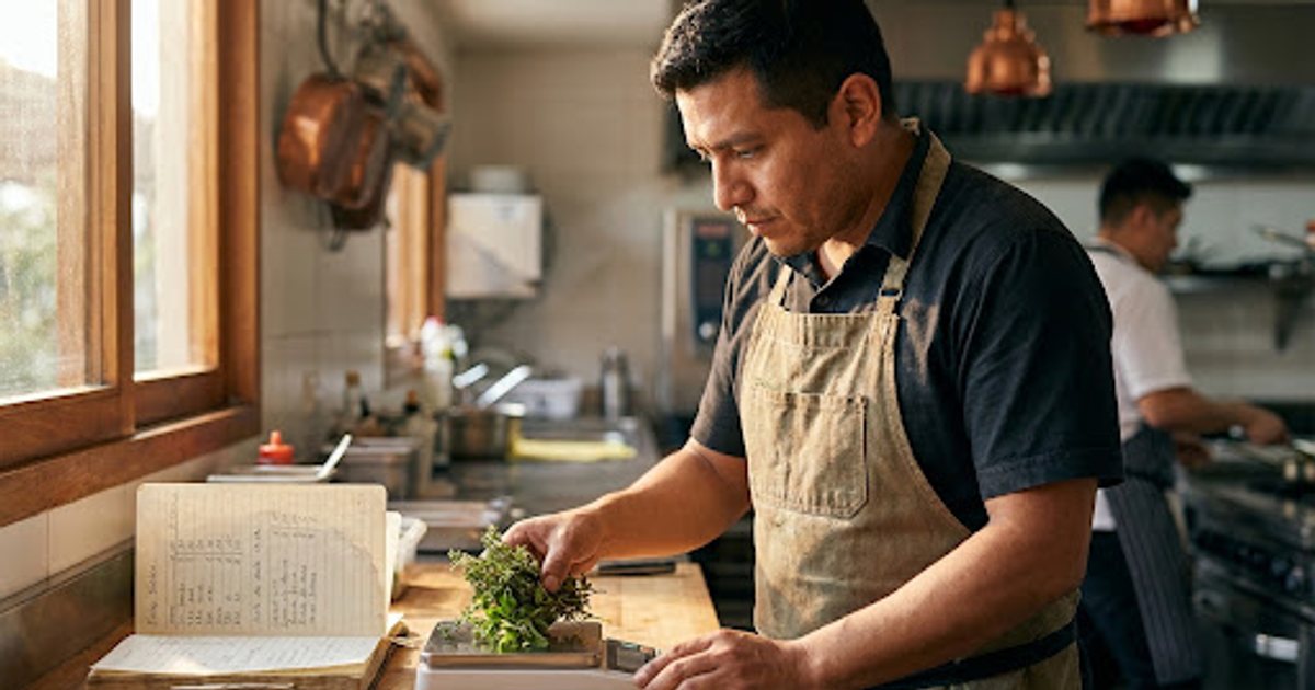 Chef de restaurante chileno costeando una receta con balanza y ficha técnica